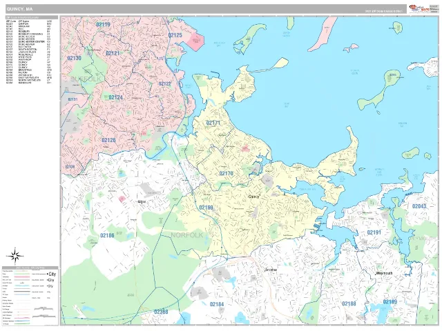 Quincy, MA ZIP Code Wall Map, Classic style