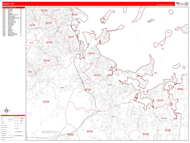 Quincy, MA ZIP Code Wall Map, RedLine style