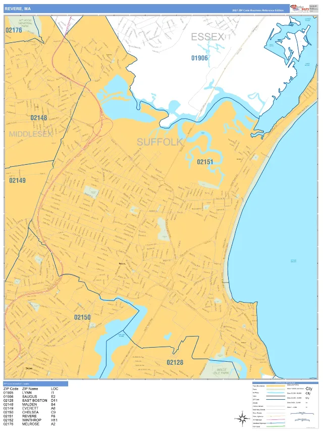 Revere, MA ZIP Code Wall Map, Business Reference style