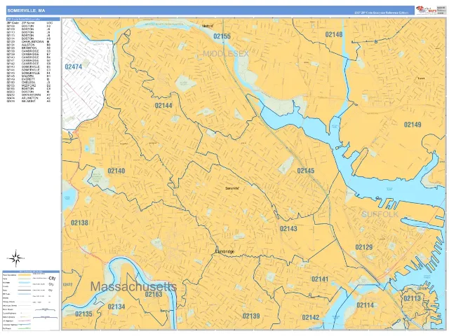 Somerville, MA ZIP Code Wall Map, Business Reference style