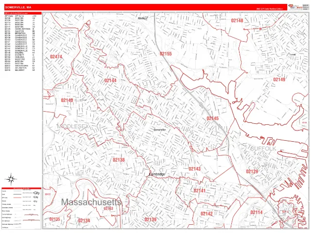 Somerville, MA ZIP Code Wall Map, RedLine style