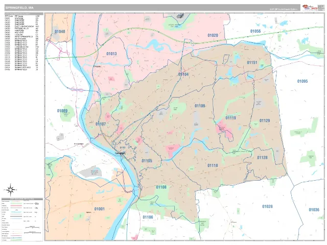 Springfield, MA ZIP Code Wall Map, Classic style