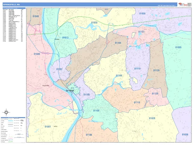 Springfield, MA ZIP Code Wall Map, ColorCast style