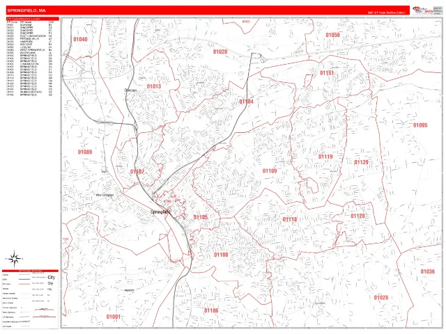 Springfield, MA ZIP Code Wall Map, RedLine style