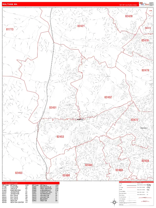 Waltham, MA ZIP Code Wall Map, RedLine style