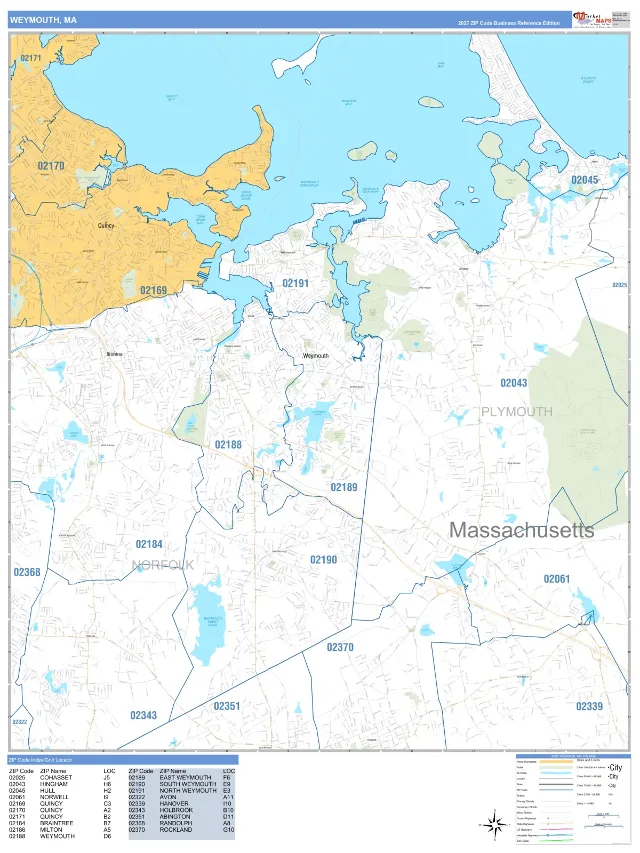 Weymouth, MA ZIP Code Wall Map, Business Reference style