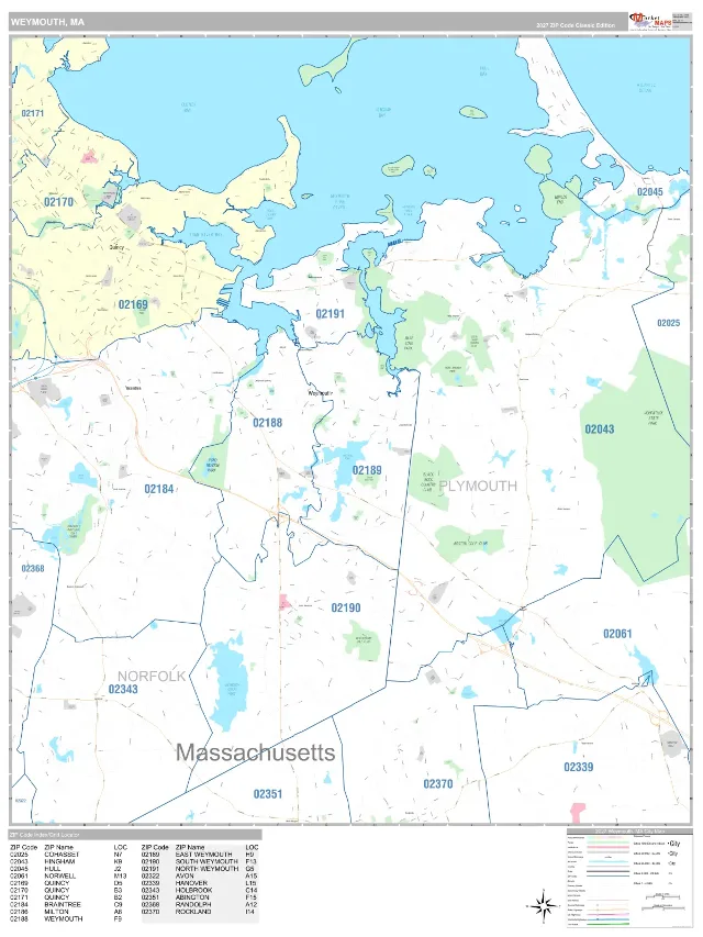 Weymouth, MA ZIP Code Wall Map, Classic style