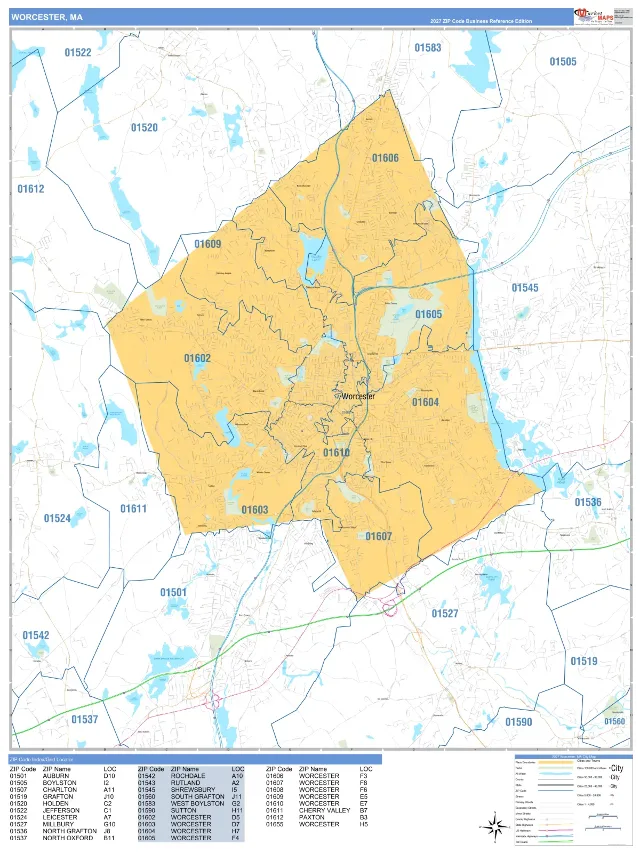 Worcester, MA ZIP Code Wall Map, Business Reference style