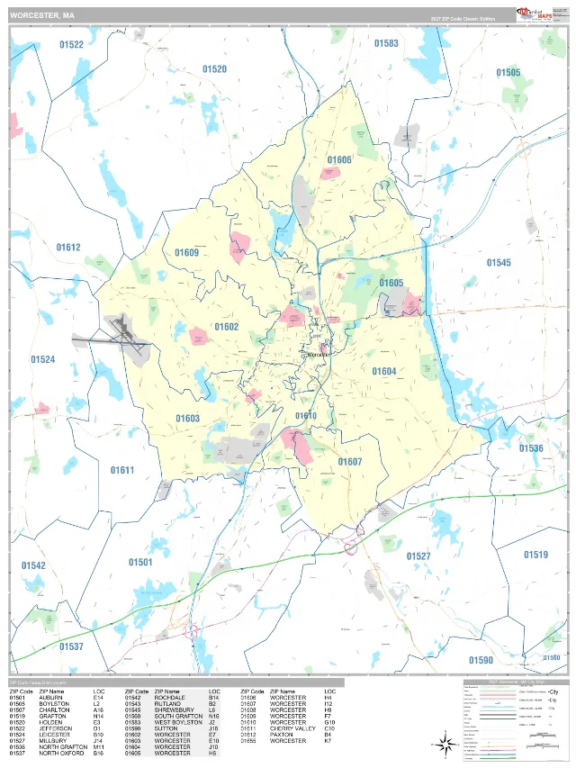 Worcester, MA ZIP Code Wall Map, Classic style