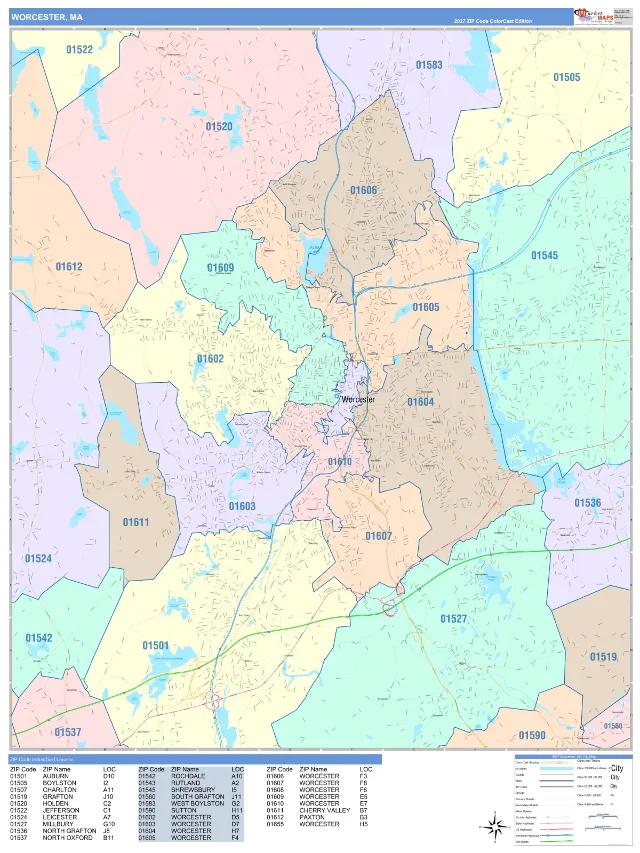 Worcester, MA ZIP Code Wall Map, ColorCast style