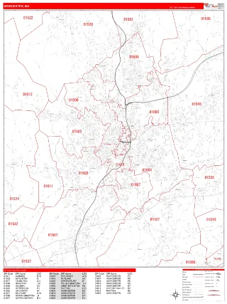 Worcester, MA RedLine style ZIP Code wall map