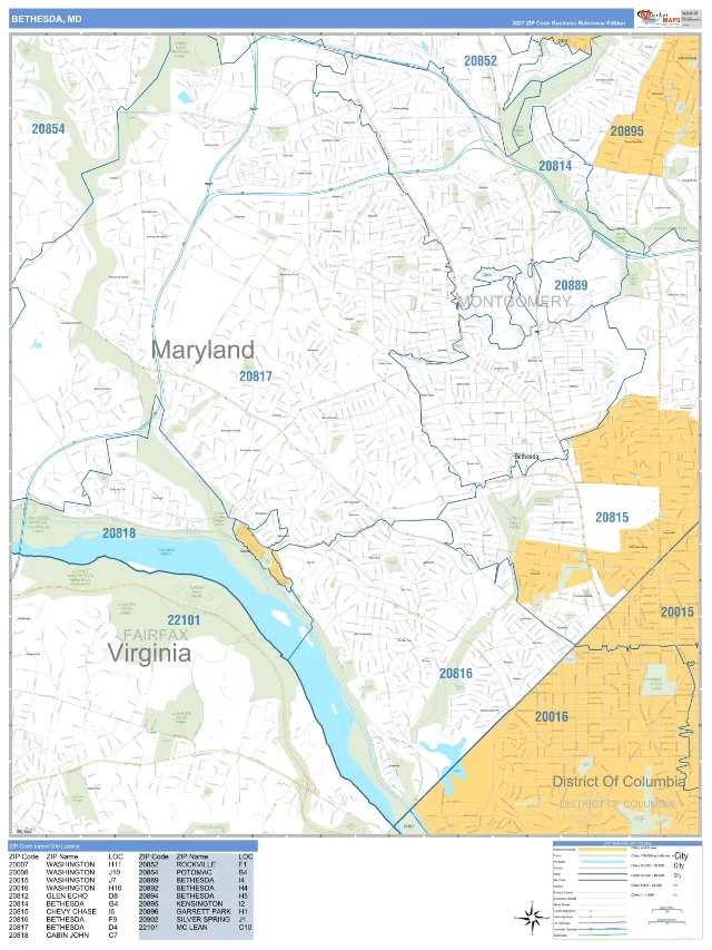 Bethesda, MD ZIP Code Wall Map, Business Reference style