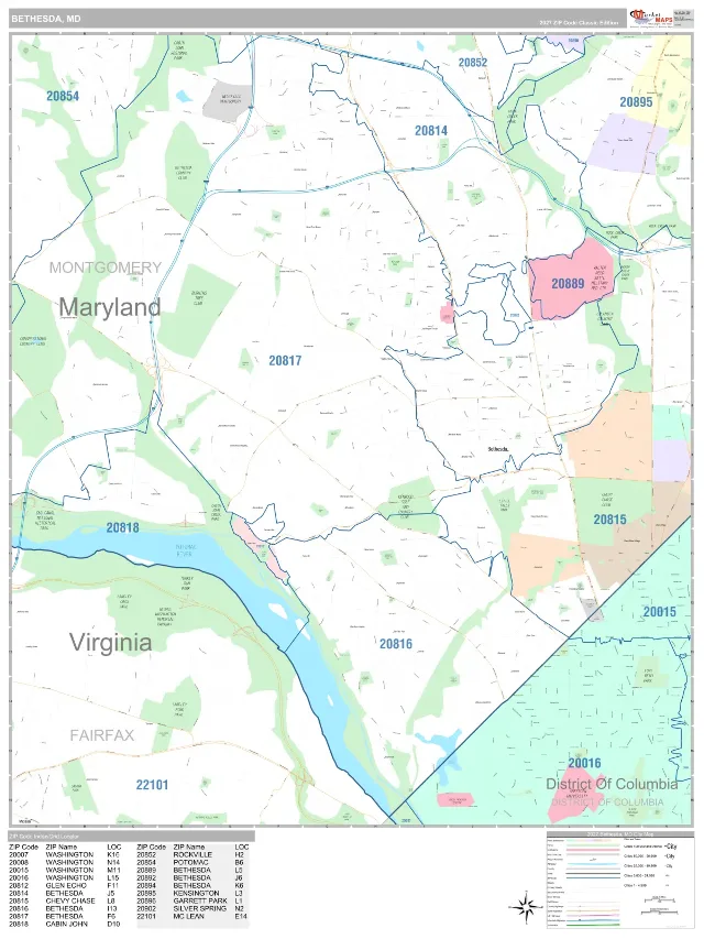 Bethesda, MD ZIP Code Wall Map, Classic style