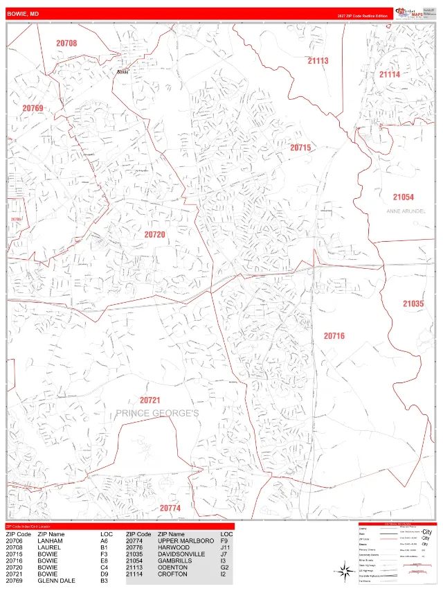 Bowie, MD ZIP Code Wall Map, RedLine style