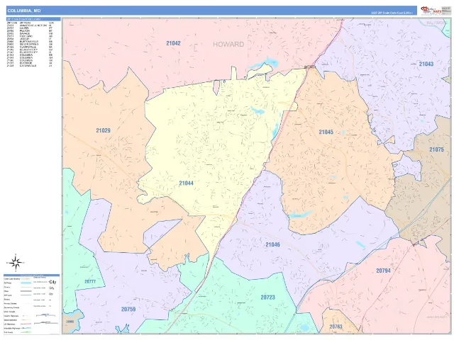 Columbia, MD ZIP Code Wall Map, ColorCast style