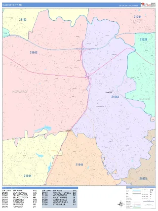 Ellicott City, MD ColorCast style ZIP Code wall map