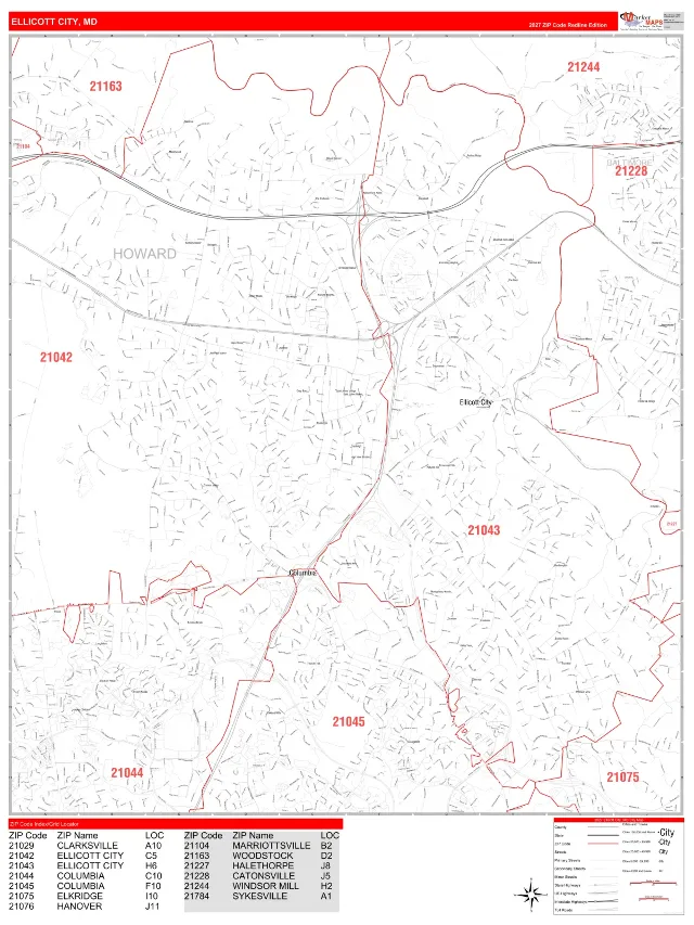 Ellicott City, MD ZIP Code Wall Map, RedLine style