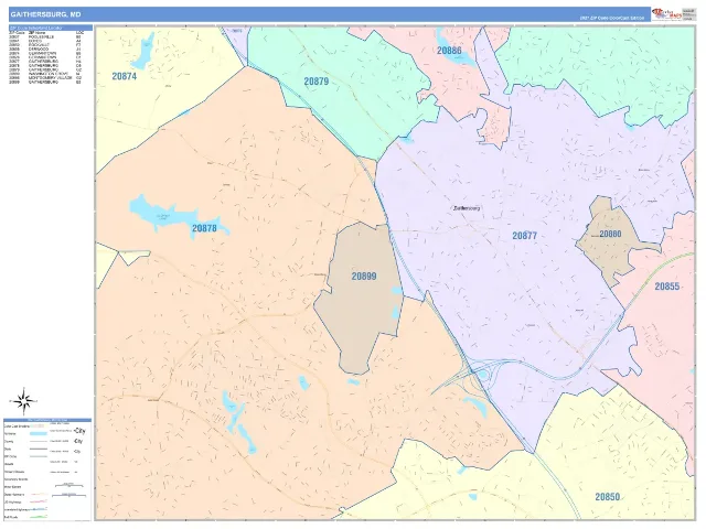 Gaithersburg, MD ZIP Code Wall Map, ColorCast style