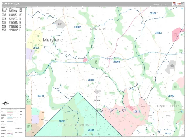Silver Spring, MD ZIP Code Wall Map, Classic style