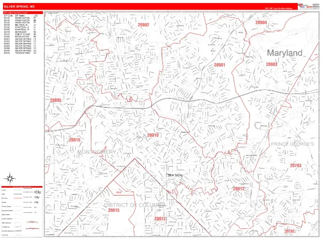 Silver Spring, MD ZIP Code Wall Map, RedLine style
