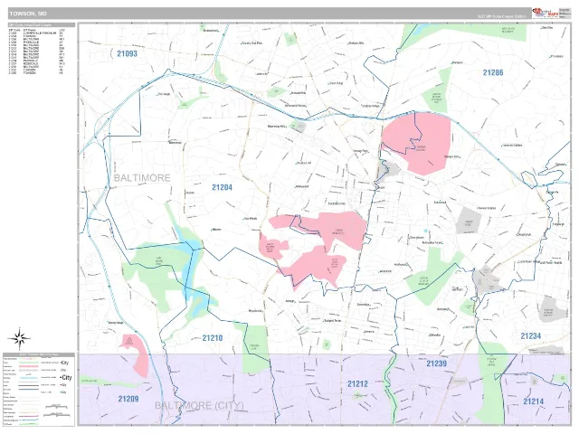 Towson, MD ZIP Code Wall Map, Classic style