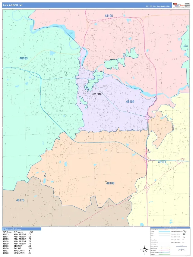 Ann Arbor, MI ZIP Code Wall Map, ColorCast style