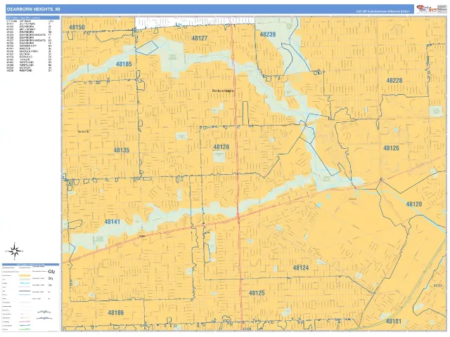 Dearborn Heights, MI ZIP Code Wall Map, Business Reference style