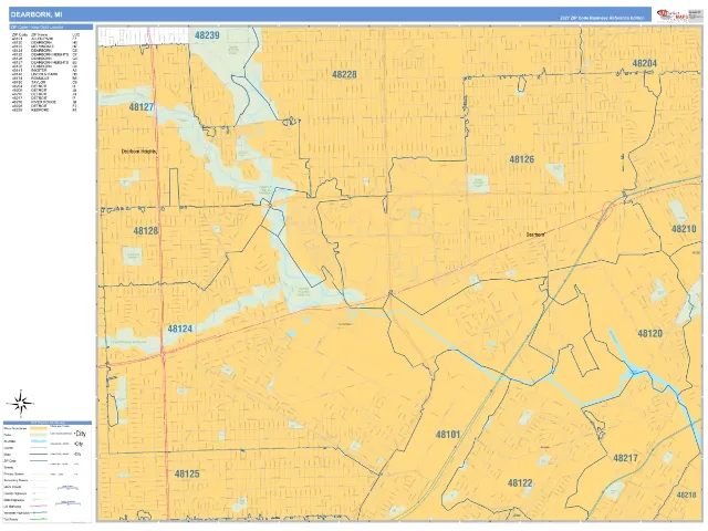 Dearborn, MI ZIP Code Wall Map, Business Reference style