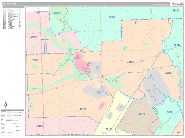 Dearborn, MI ZIP Code Wall Map, Classic style