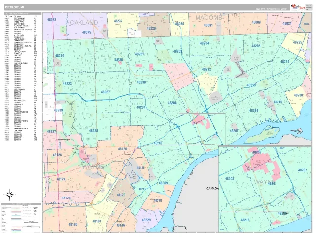 Detroit, MI ZIP Code Wall Map, Classic style