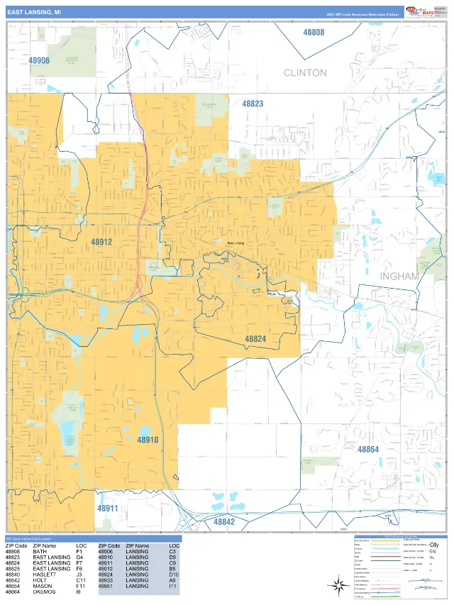 East Lansing, MI ZIP Code Wall Map, Business Reference style