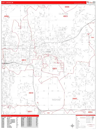 East Lansing, MI RedLine style ZIP Code wall map