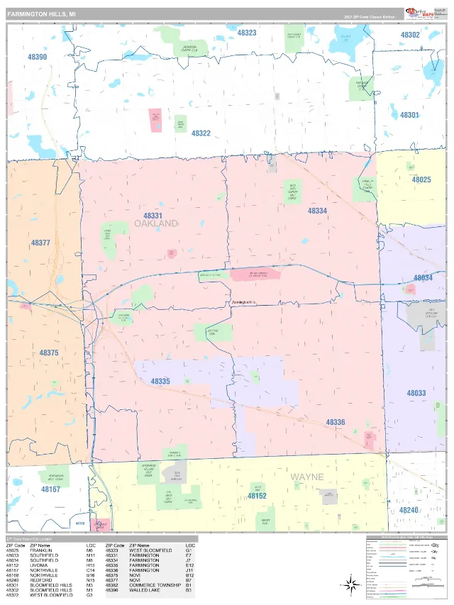 Farmington Hills, MI ZIP Code Wall Map, Classic style