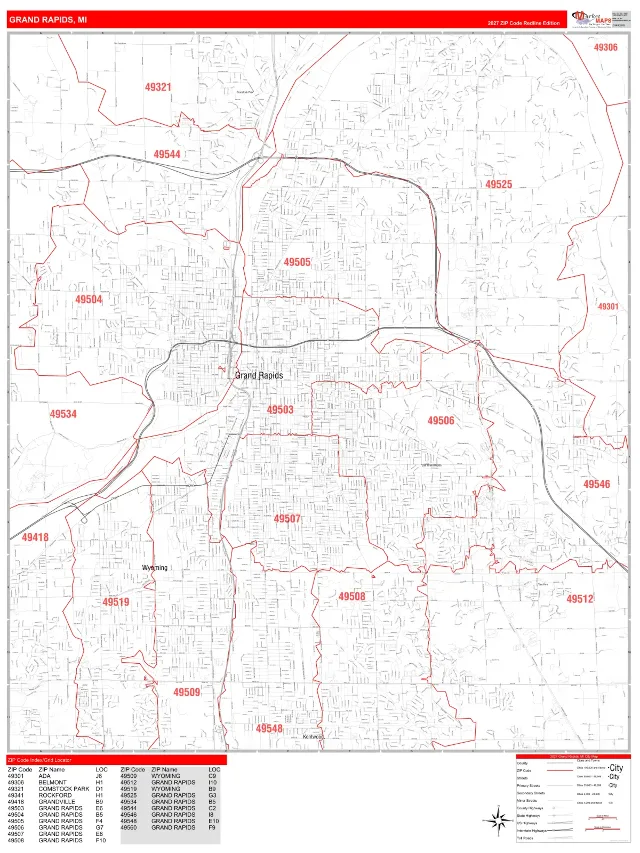 Grand Rapids, MI ZIP Code Wall Map, RedLine style