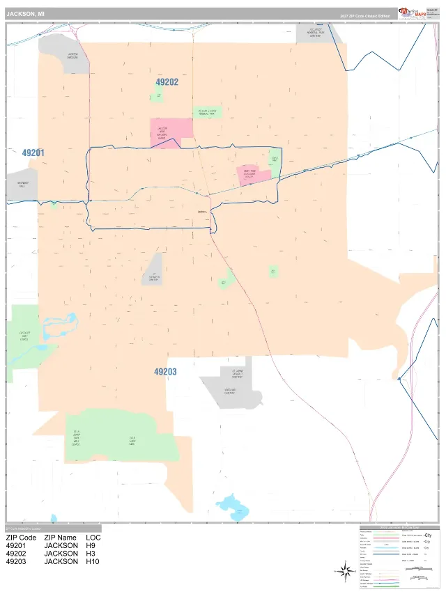 Jackson, MI ZIP Code Wall Map, Classic style