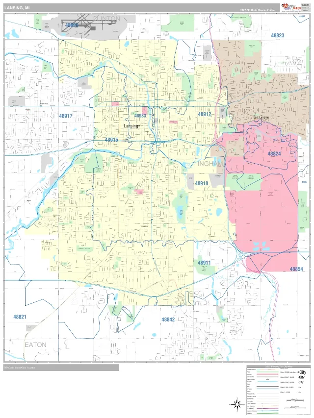 Lansing, MI ZIP Code Wall Map, Classic style