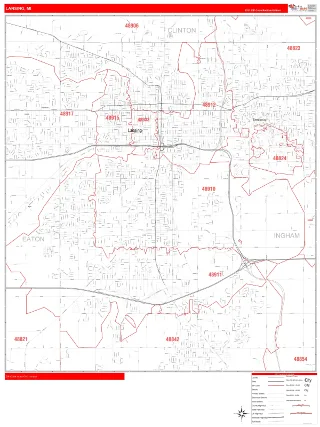 Lansing, MI RedLine style ZIP Code wall map
