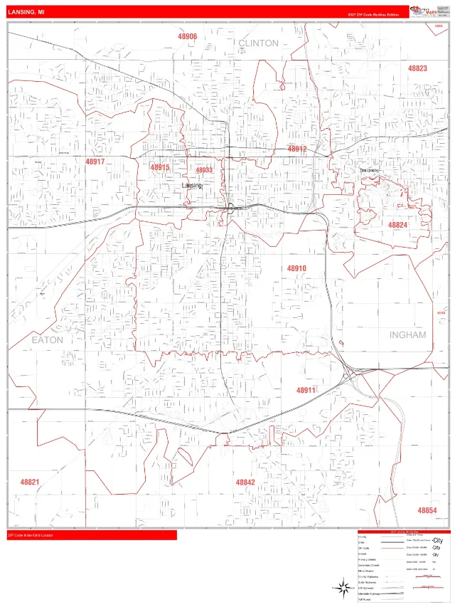 Lansing, MI ZIP Code Wall Map, RedLine style