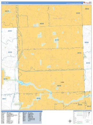 Livonia, MI Business Reference style ZIP Code wall map