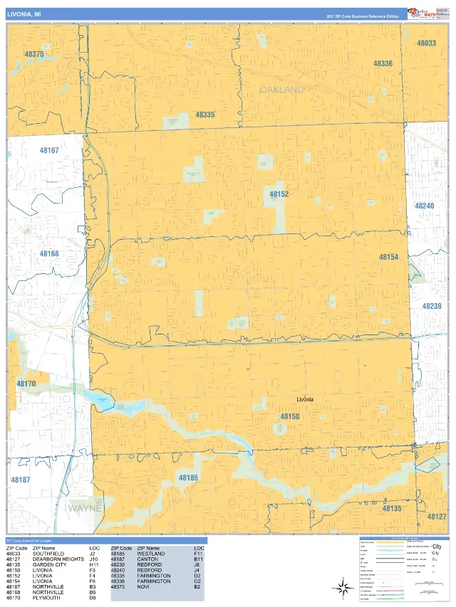 Livonia, MI ZIP Code Wall Map, Business Reference style