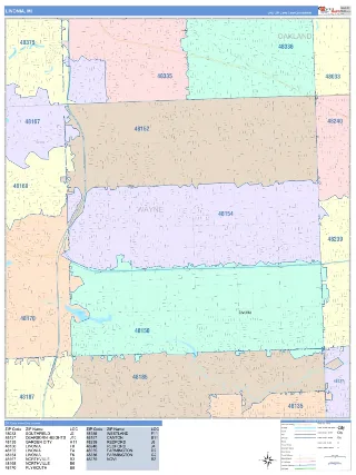 Livonia, MI ColorCast style ZIP Code wall map