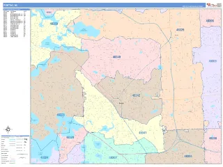 Pontiac, MI ColorCast style ZIP Code wall map