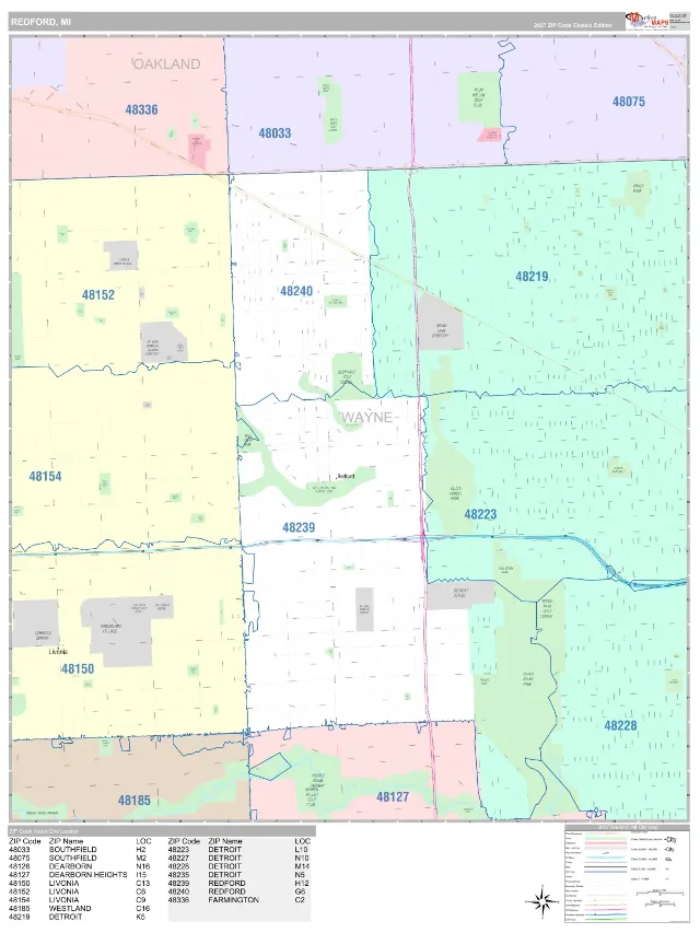 Redford, MI ZIP Code Wall Map, Classic style