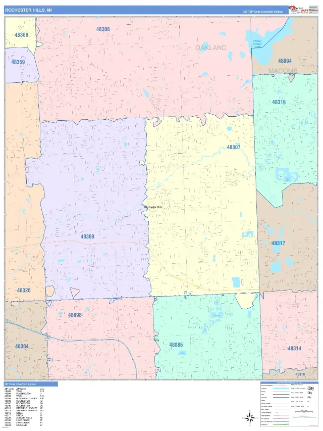 Rochester Hills, MI ZIP Code Wall Map, ColorCast style
