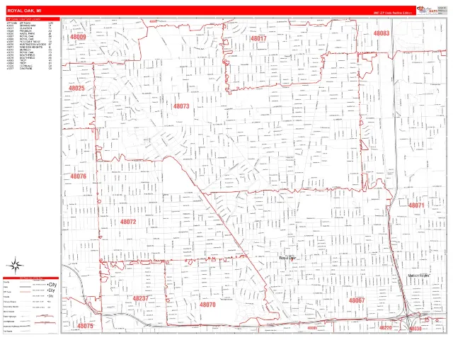 Royal Oak, MI ZIP Code Wall Map, RedLine style
