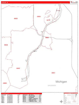 Saginaw, MI RedLine style ZIP Code wall map