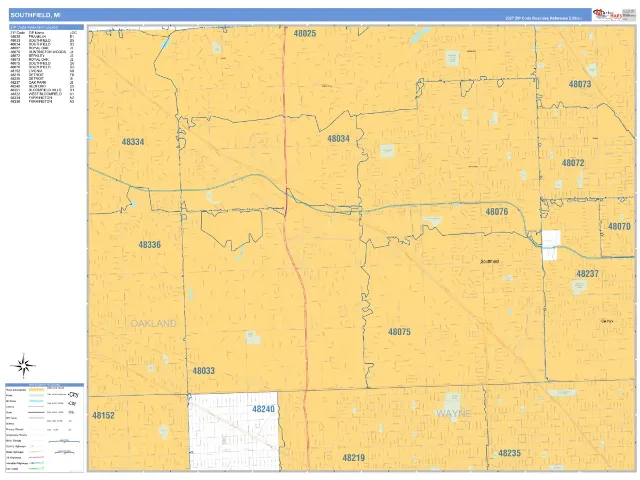 Southfield, MI ZIP Code Wall Map, Business Reference style
