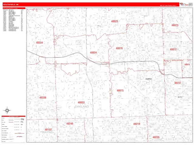 Southfield, MI ZIP Code Wall Map, RedLine style