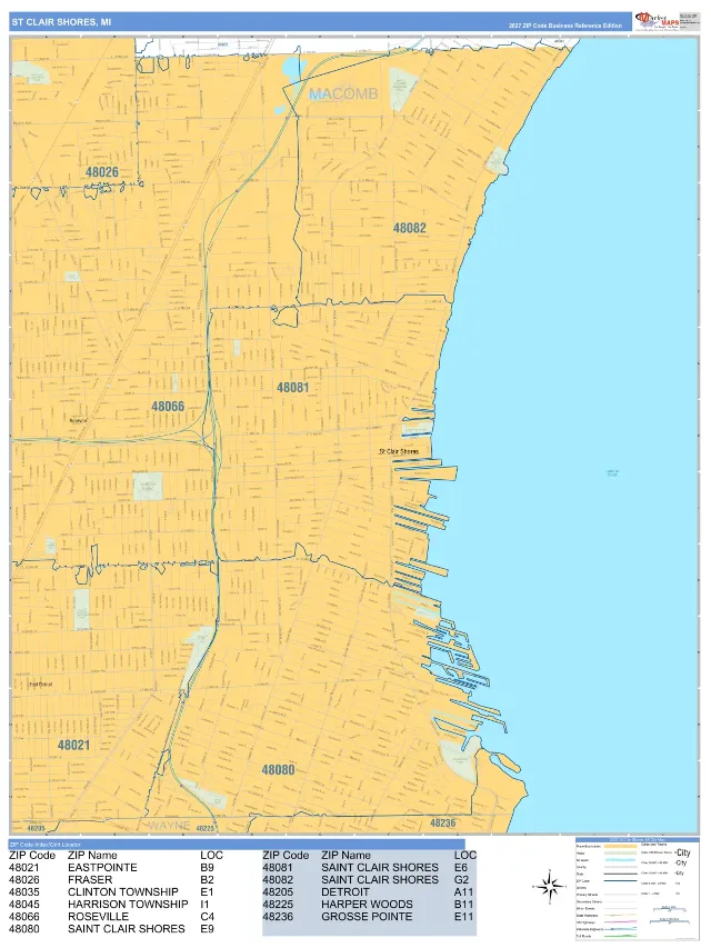 St. Clair Shores, MI ZIP Code Wall Map, Business Reference style