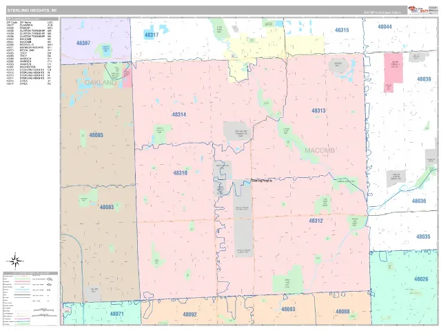 Sterling Heights, MI ZIP Code Wall Map, Classic style